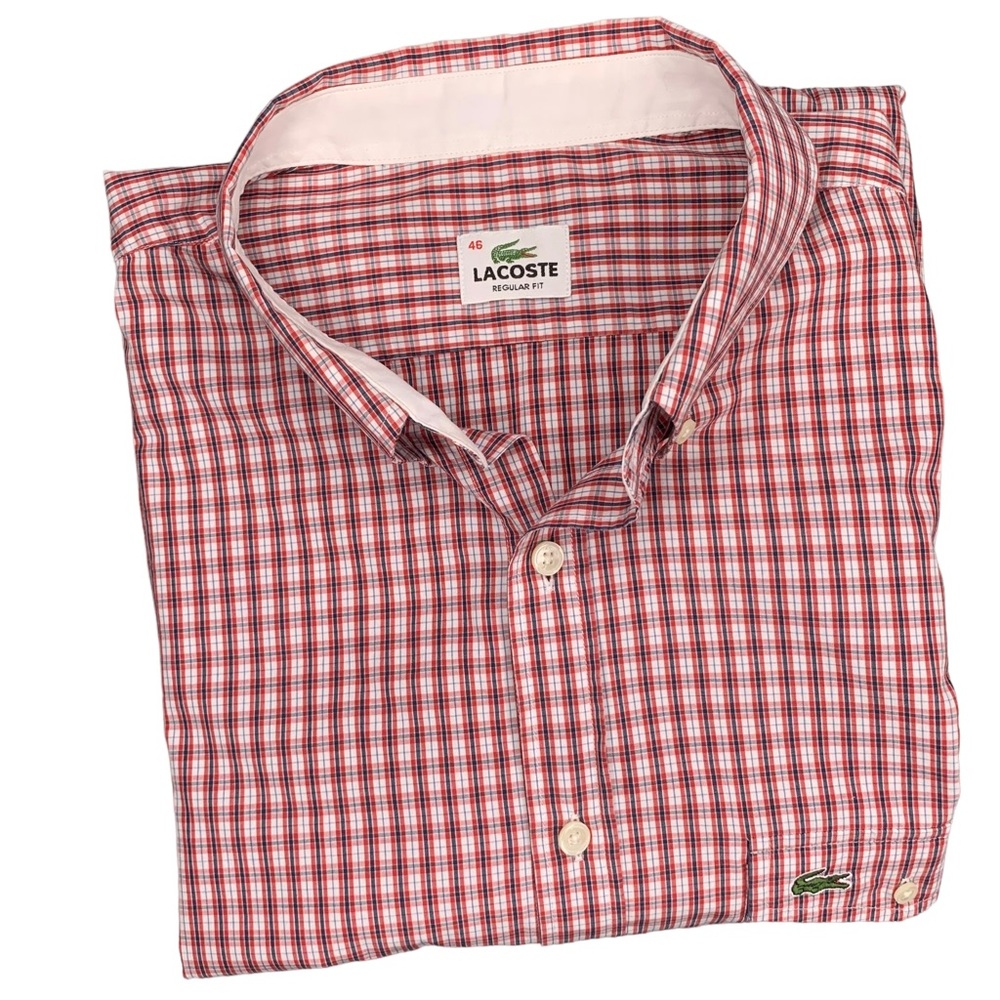 Lacoste men’s Red Checked Cotton button-down collar Shirt with logo XL reg fit